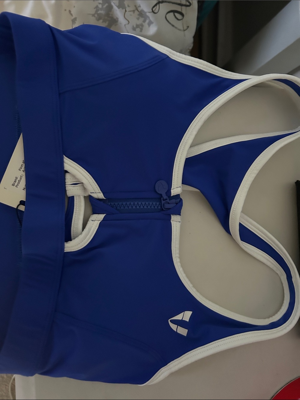 Front-Zip Cobalt Blue Athletic Sports Bra with White Trim